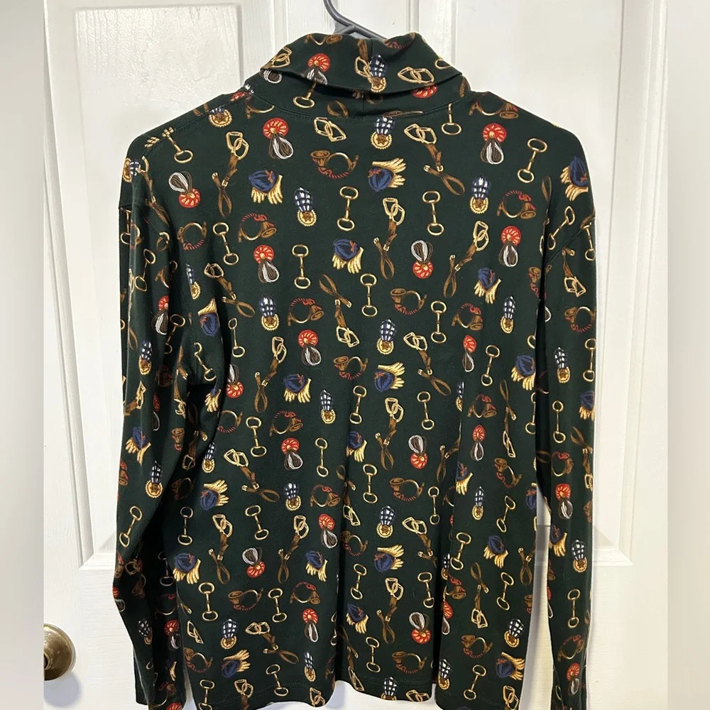 Vtg 90s Talbots Medium Equestrian Print Turtleneck Long Sleeve Top Horse Riding - Picture 4 of 5